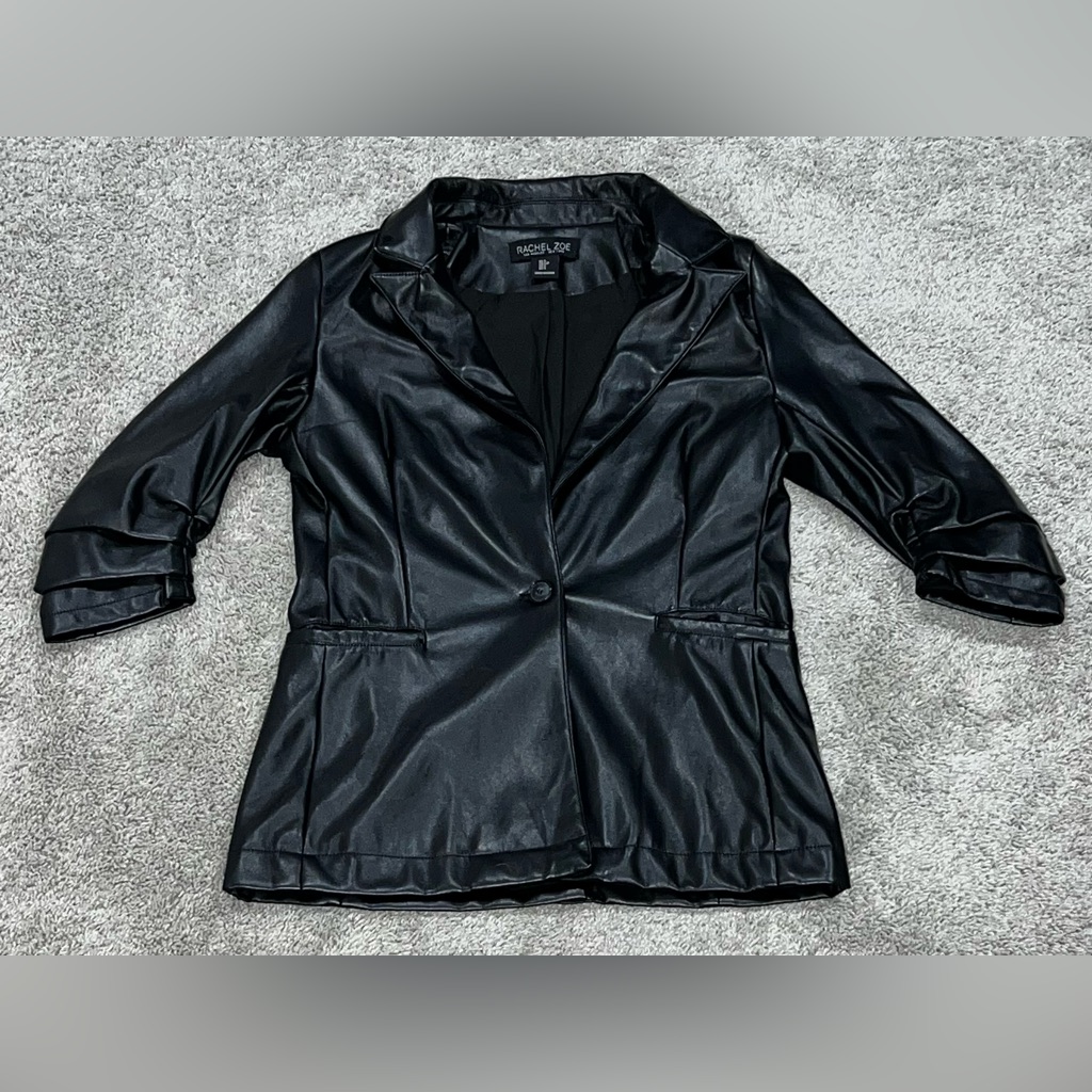 Rachel Zoe Faux Black Leather Jacket Fully Lined Womens Small Rouched 3/4 Sleeve